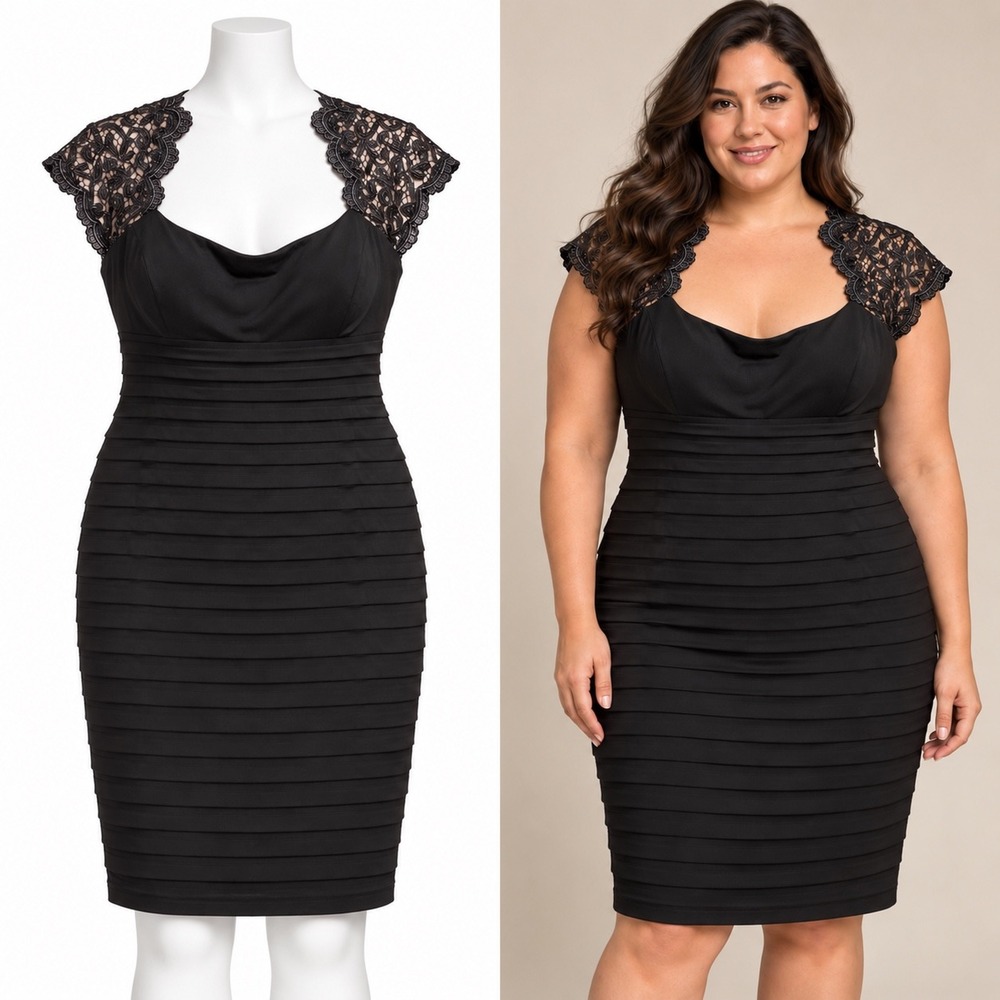 Xscape Dress Womens 16 Black Lace Sheer Yoke Tiered Bodycon Cocktails Wedding